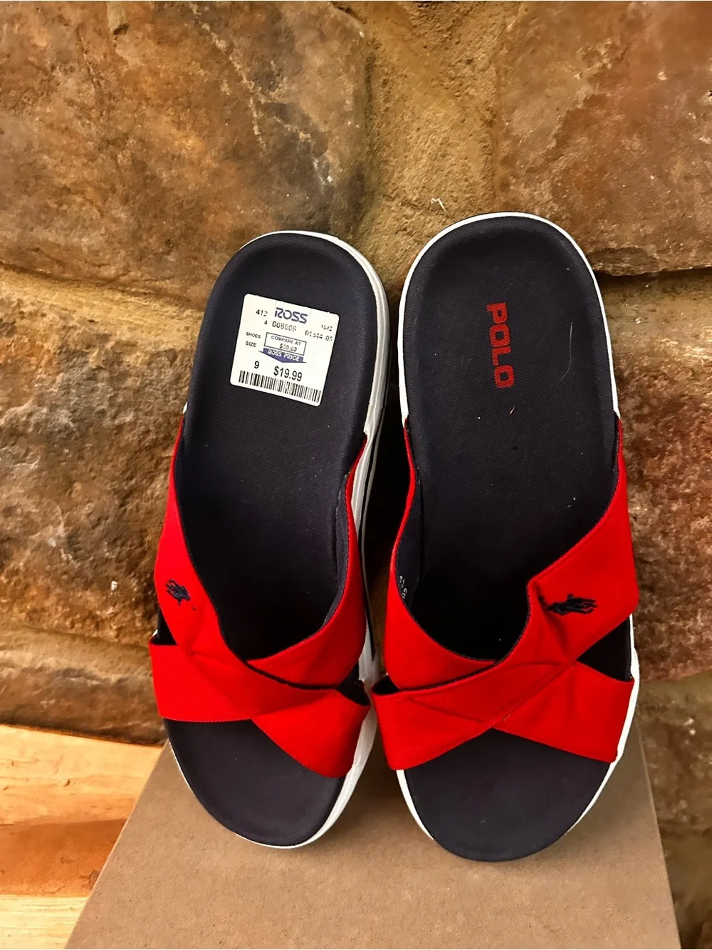 Polo by Ralph Lauren Red Cross-Strap Black Footbed White Sole Slide Sandals 11 B